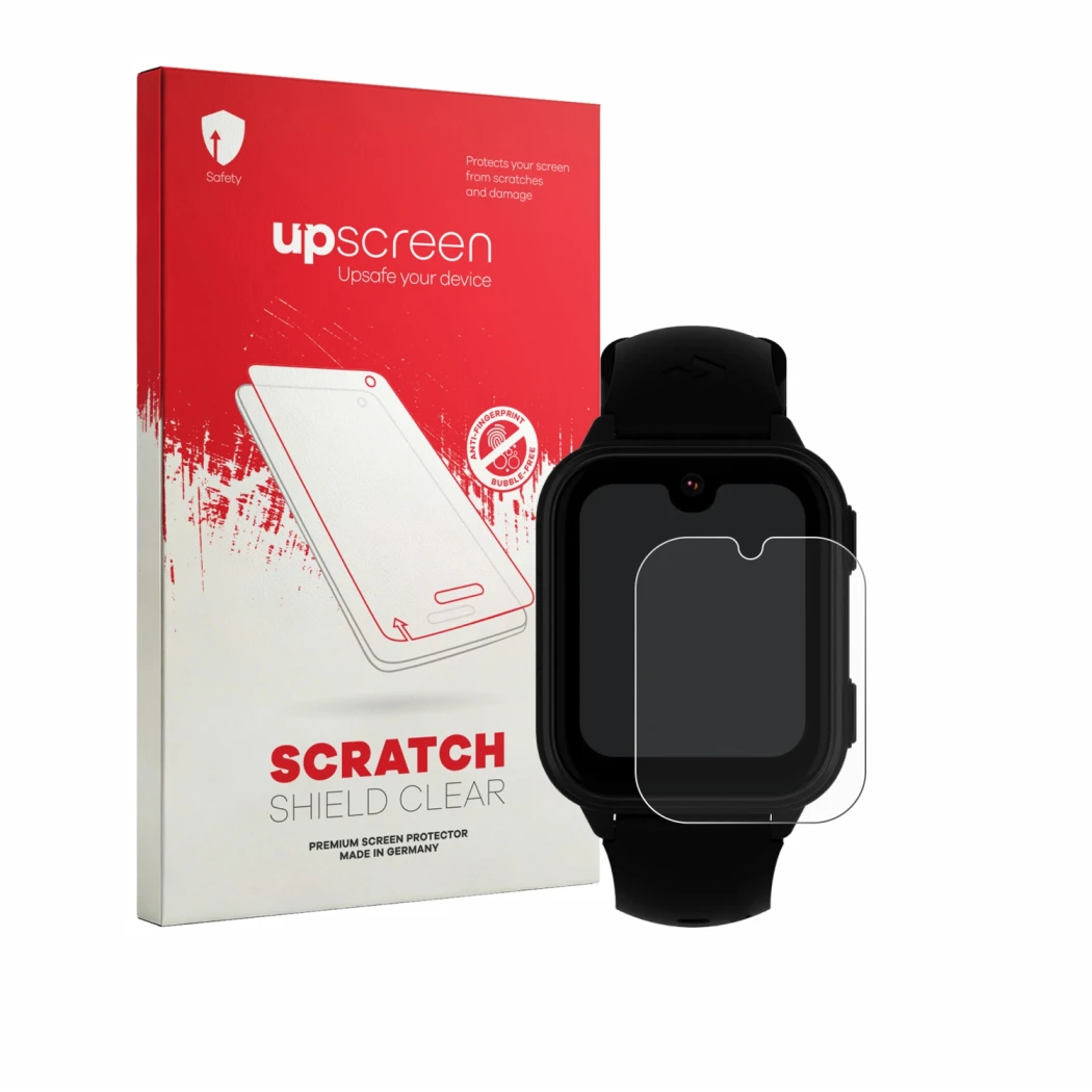 Parte frontal de un envase de producto con el logotipo de la marca upscreen. Al lado se muestra el dispositivo Garett Kids Vib