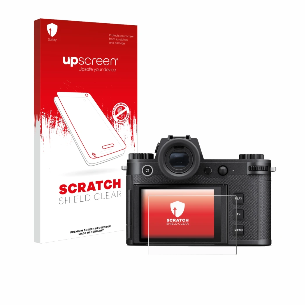 Parte frontal de un envase de producto con el logotipo de la marca upscreen. Al lado se muestra el dispositivo Leica SL3-S con
