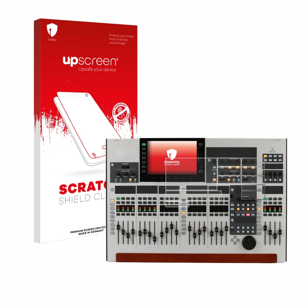 Parte frontal de un envase de producto con el logotipo de la marca upscreen. Al lado se muestra el dispositivo Behringer Wing 