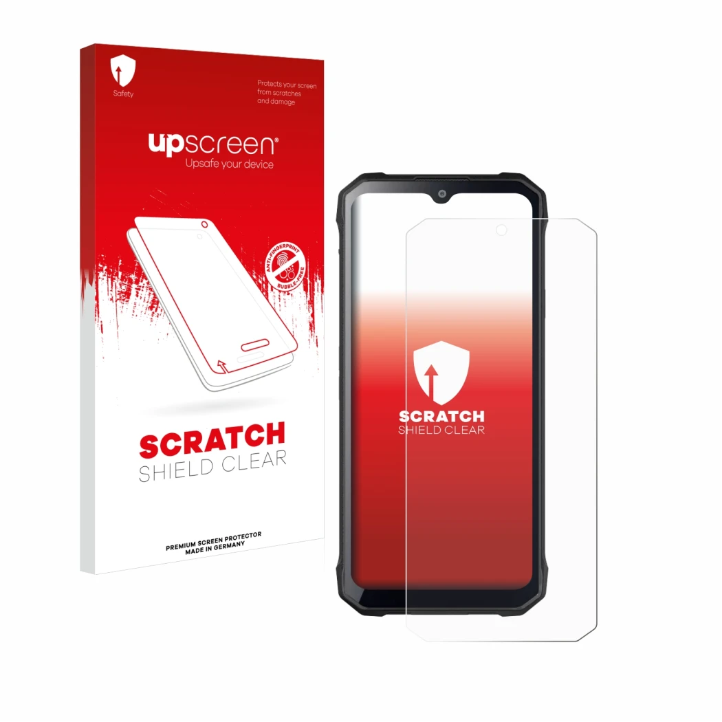 Parte frontal de un envase de producto con el logotipo de la marca upscreen. Al lado se muestra el dispositivo Hotwav T7S con 