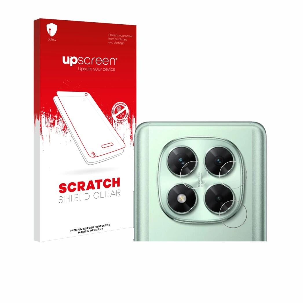 Parte frontal de un envase de producto con el logotipo de la marca upscreen. Al lado se muestra el dispositivo Xiaomi Poco X7