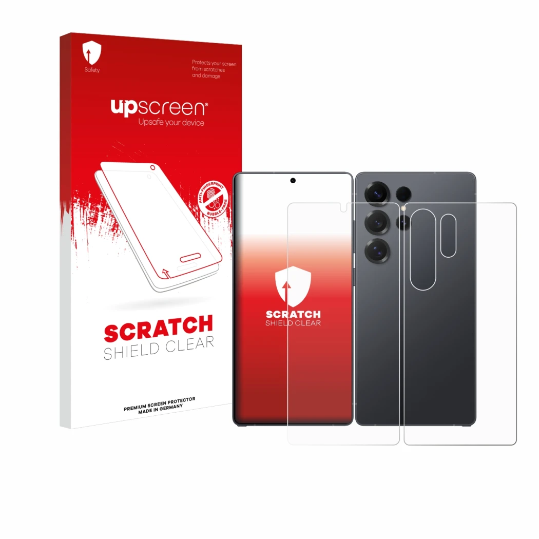 Parte frontal de un envase de producto con el logotipo de la marca upscreen. Al lado se muestra el dispositivo Samsung Galaxy 