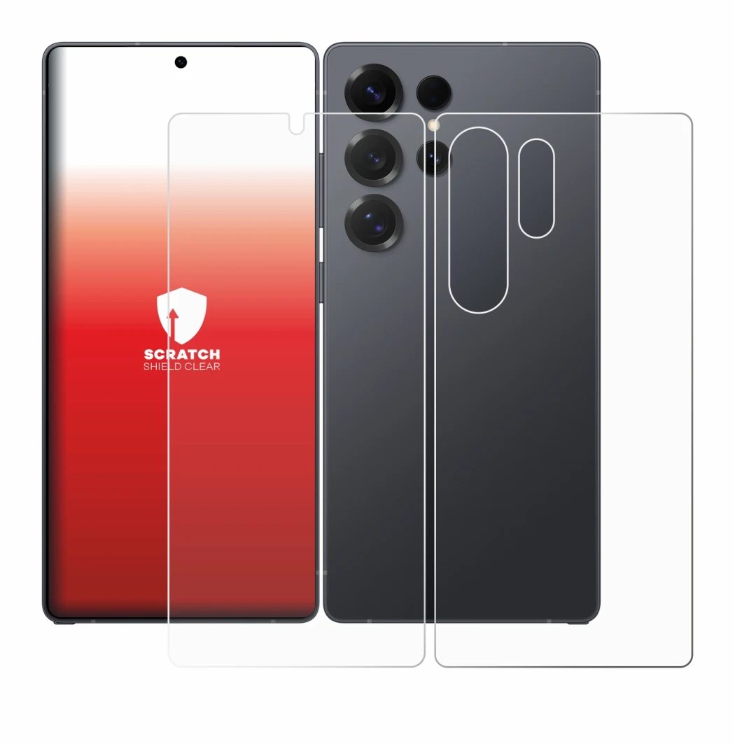 Imagen del dispositivo Samsung Galaxy S25 Ultra (Frontal+Trasero) con una amplia variedad de protectores de pantalla.