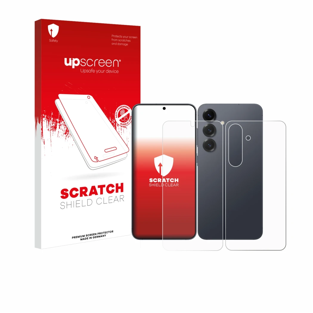 Parte frontal de un envase de producto con el logotipo de la marca upscreen. Al lado se muestra el dispositivo Samsung Galaxy