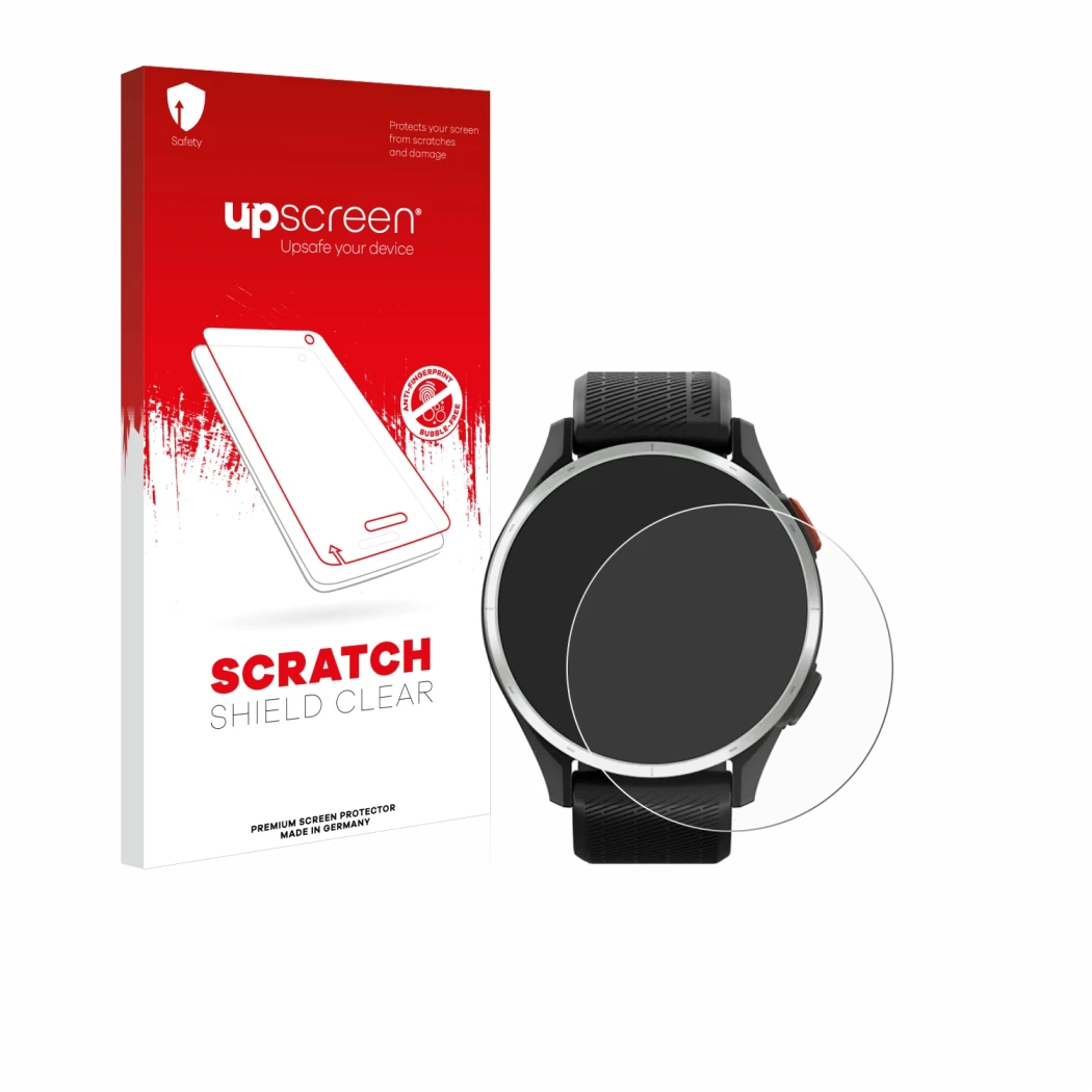 Parte frontal de un envase de producto con el logotipo de la marca upscreen. Al lado se muestra el dispositivo Garmin Approach