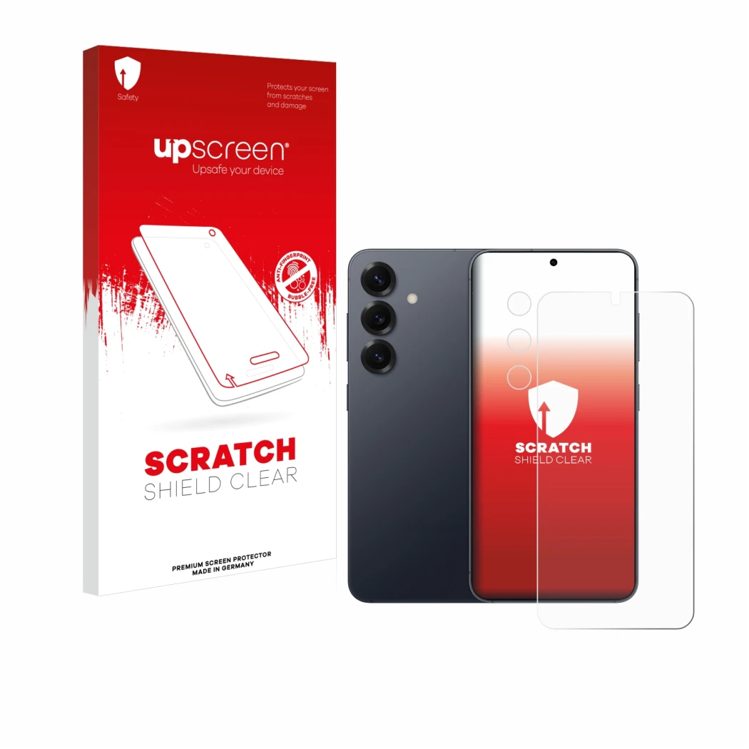 Parte frontal de un envase de producto con el logotipo de la marca upscreen. Al lado se muestra el dispositivo Samsung Galaxy