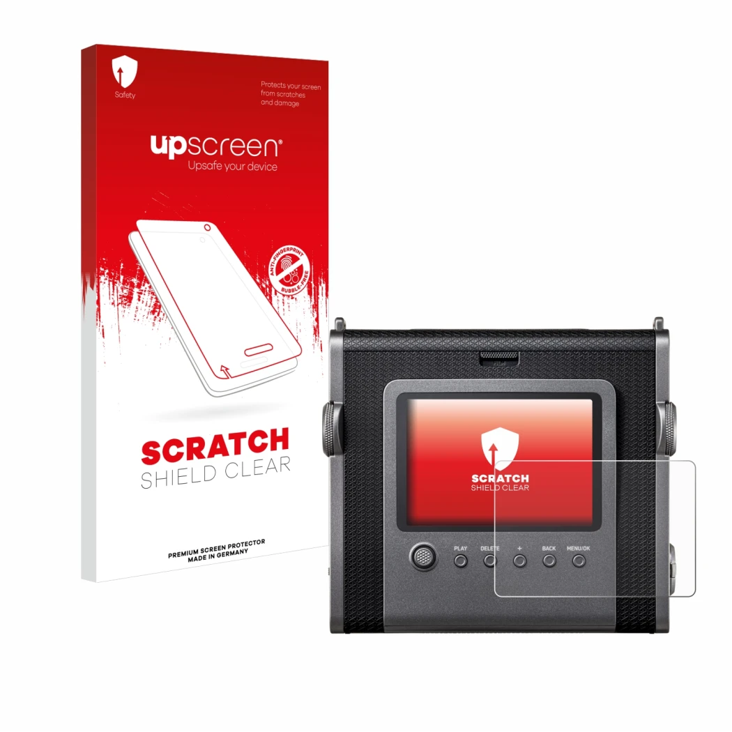 Parte frontal de un envase de producto con el logotipo de la marca upscreen. Al lado se muestra el dispositivo Fujifilm Instax