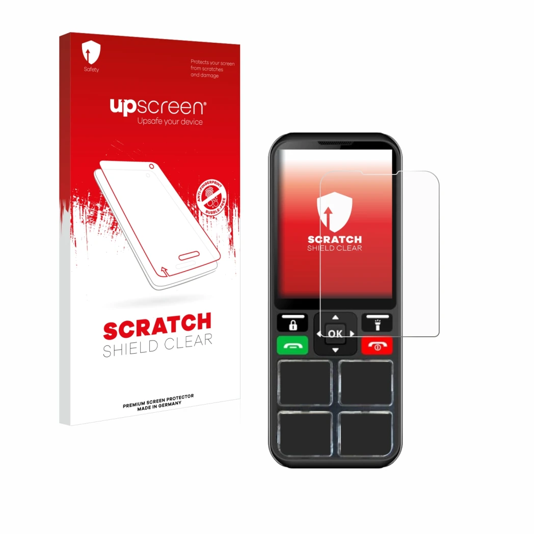 Parte frontal de un envase de producto con el logotipo de la marca upscreen. Al lado se muestra el dispositivo Geemarc CL8000