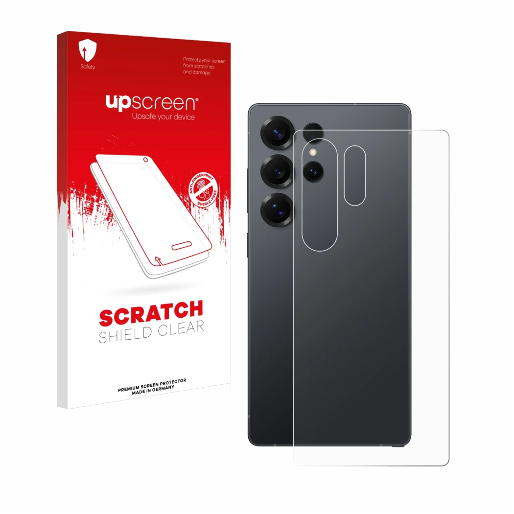 Parte frontal de un envase de producto con el logotipo de la marca upscreen. Al lado se muestra el dispositivo Samsung Galaxy 