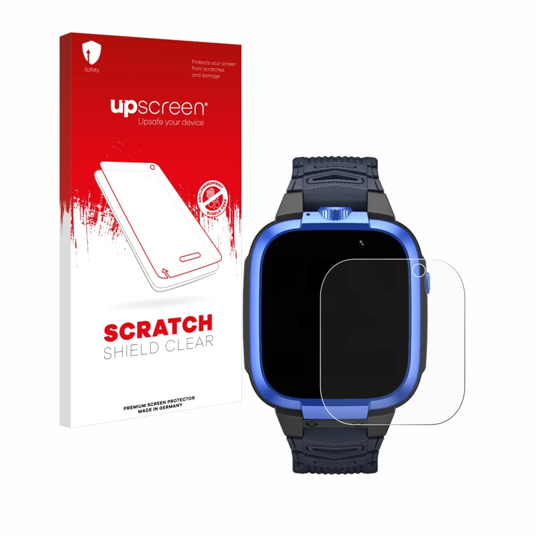 Parte frontal de un envase de producto con el logotipo de la marca upscreen. Al lado se muestra el dispositivo Xiaomi Mibro Ki