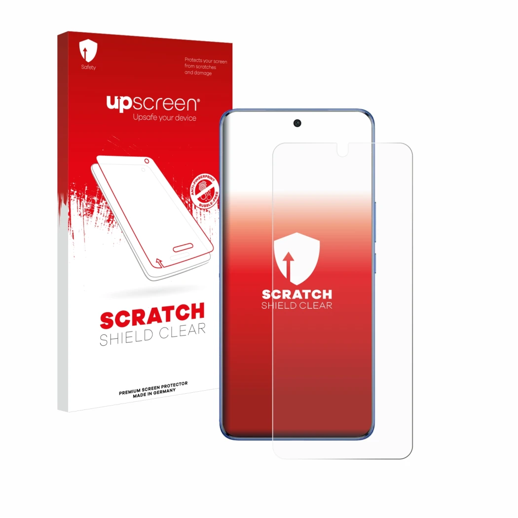 Parte frontal de un envase de producto con el logotipo de la marca upscreen. Al lado se muestra el dispositivo Vivo V50 con su