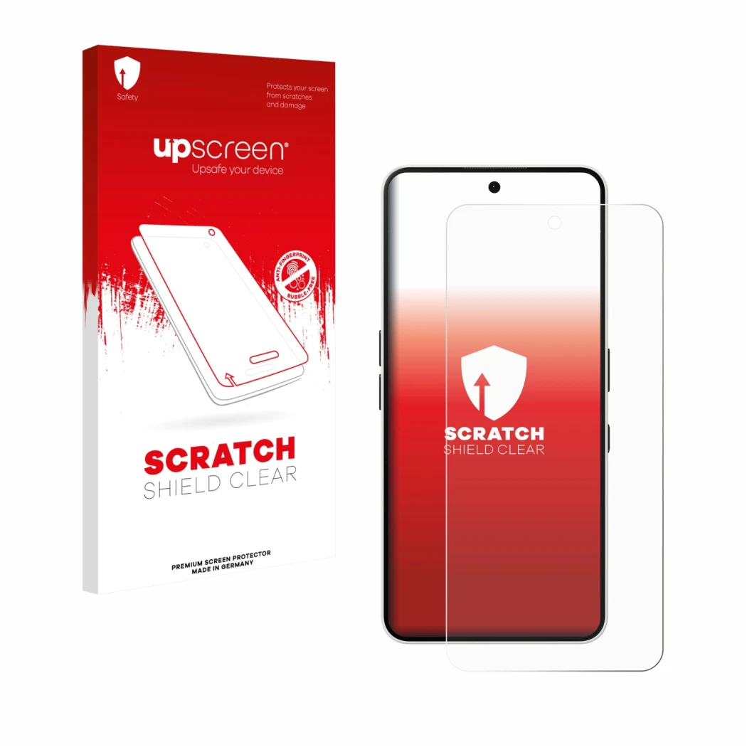Parte frontal de un envase de producto con el logotipo de la marca upscreen. Al lado se muestra el dispositivo Nothing Phone (