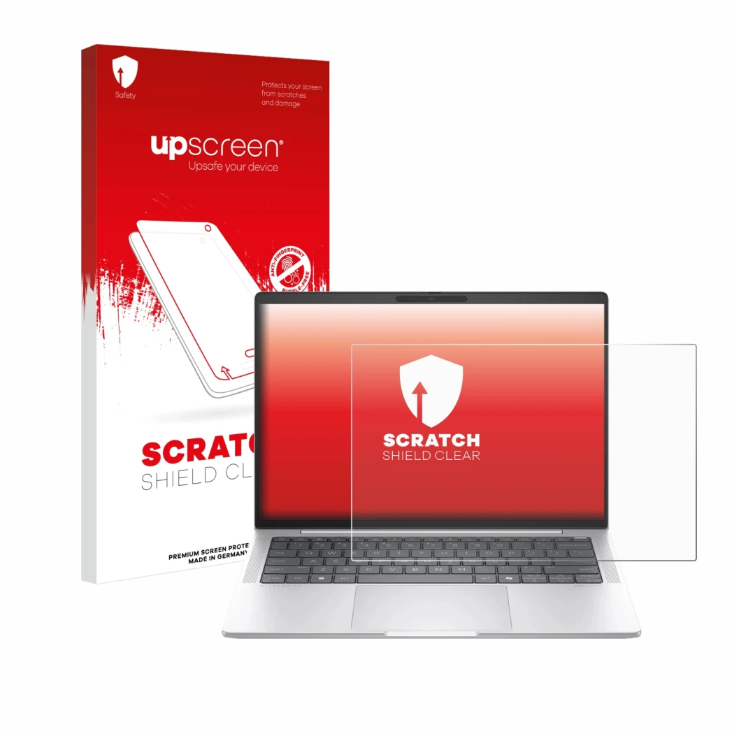 Parte frontal de un envase de producto con el logotipo de la marca upscreen. Al lado se muestra el dispositivo HP EliteBook 10