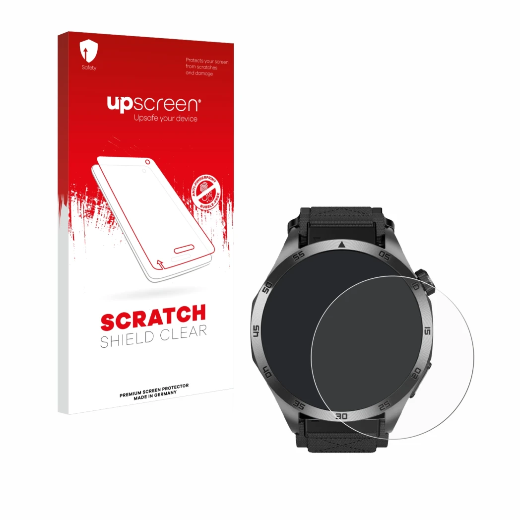 Parte frontal de un envase de producto con el logotipo de la marca upscreen. Al lado se muestra el dispositivo Knauermann Pro 