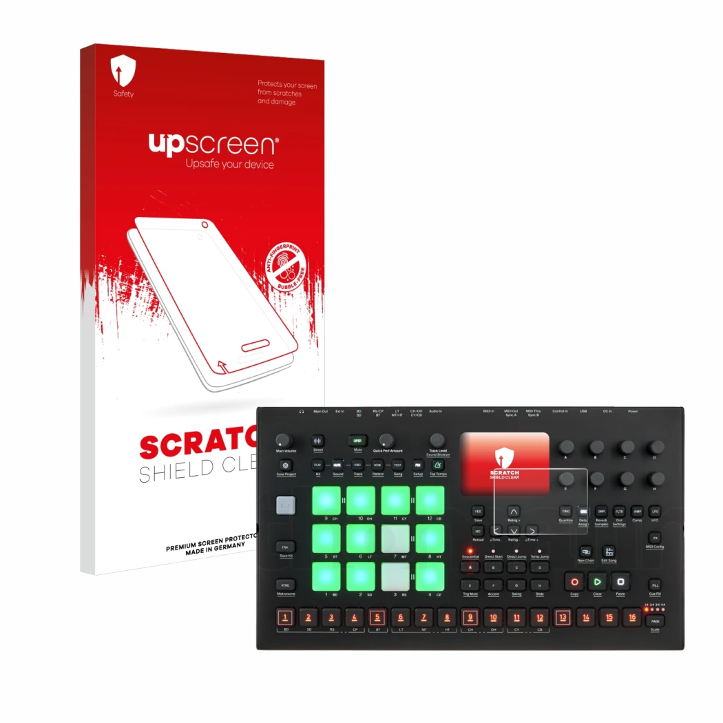 Parte frontal de un envase de producto con el logotipo de la marca upscreen. Al lado se muestra el dispositivo Elektron Analog