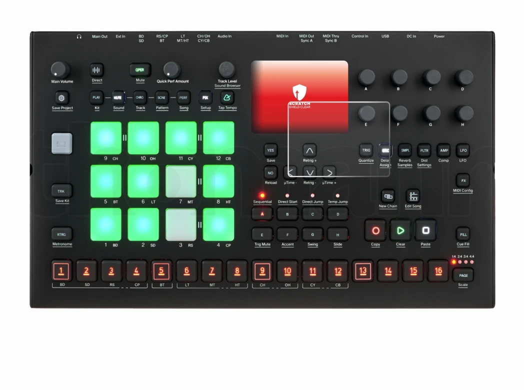 Imagen del dispositivo Elektron Analog Rytm MKII con una amplia variedad de protectores de pantalla.