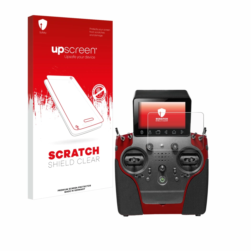 Parte frontal de un envase de producto con el logotipo de la marca upscreen. Al lado se muestra el dispositivo PowerBox System