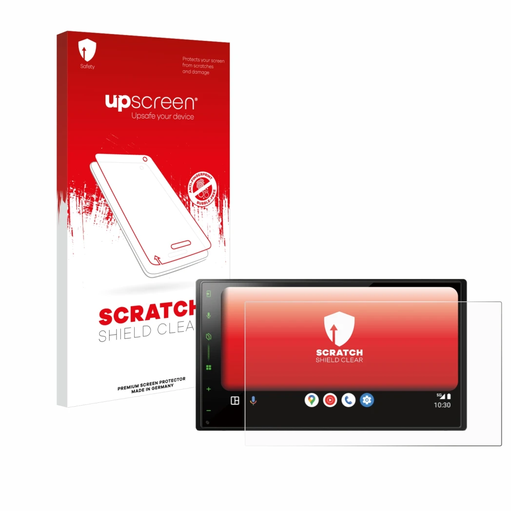 Parte frontal de un envase de producto con el logotipo de la marca upscreen. Al lado se muestra el dispositivo Pioneer SPH-DA7