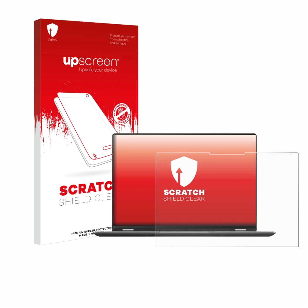 Parte frontal de un envase de producto con el logotipo de la marca upscreen. Al lado se muestra el dispositivo ASUS Vivobook S