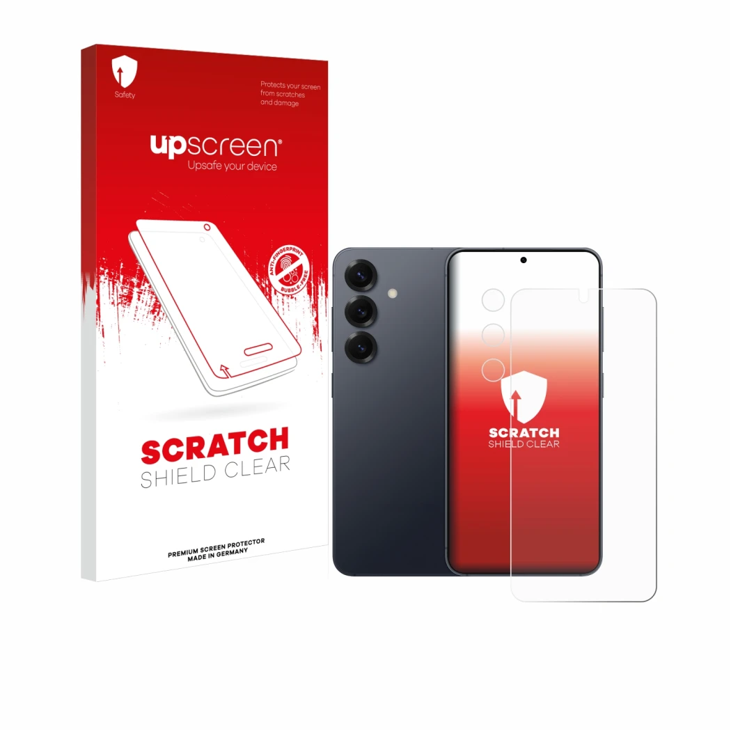 Parte frontal de un envase de producto con el logotipo de la marca upscreen. Al lado se muestra el dispositivo Samsung Galaxy