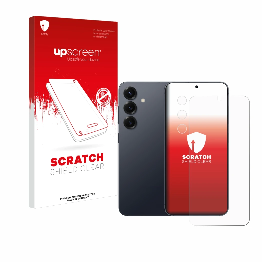 Parte frontal de un envase de producto con el logotipo de la marca upscreen. Al lado se muestra el dispositivo Samsung Galaxy