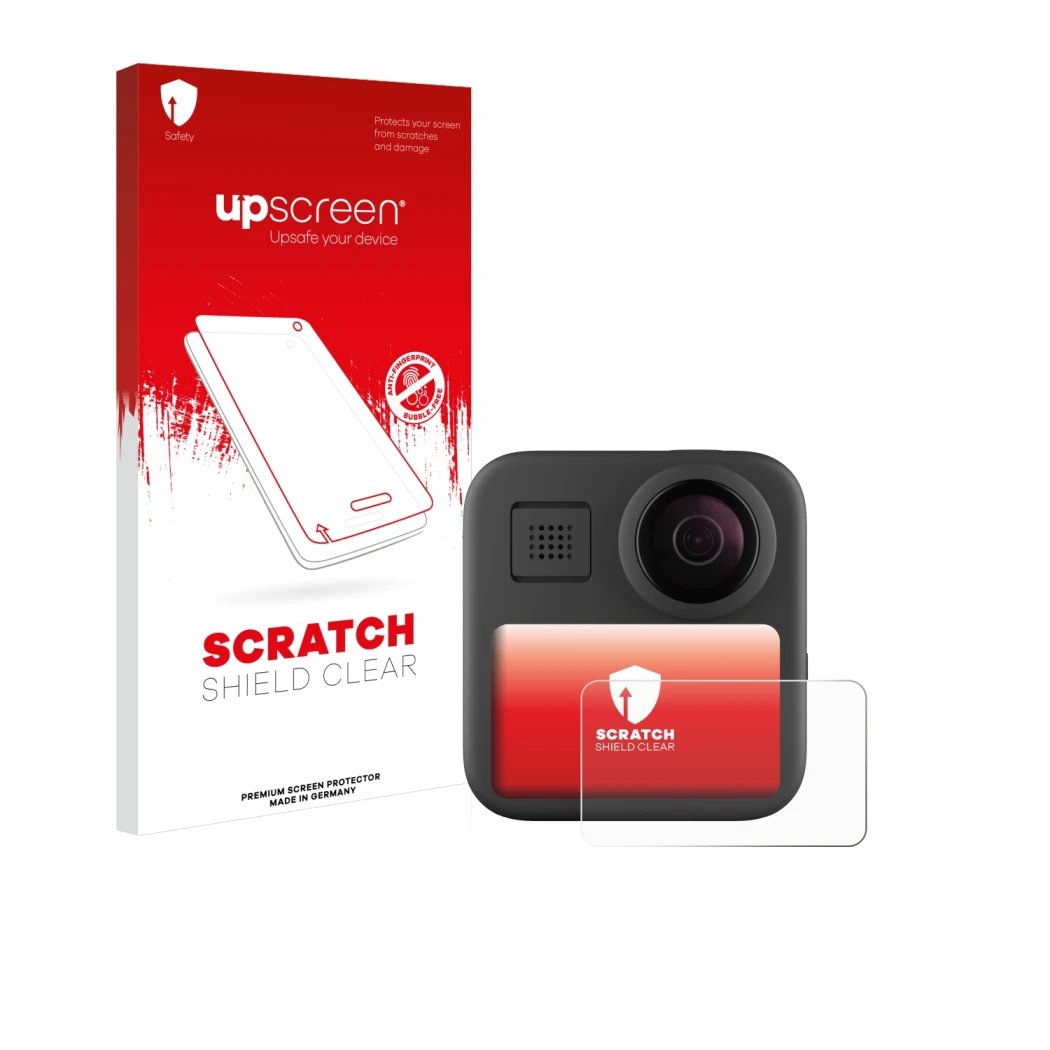 Parte frontal de un envase de producto con el logotipo de la marca upscreen. Al lado se muestra el dispositivo GoPro Max (2025