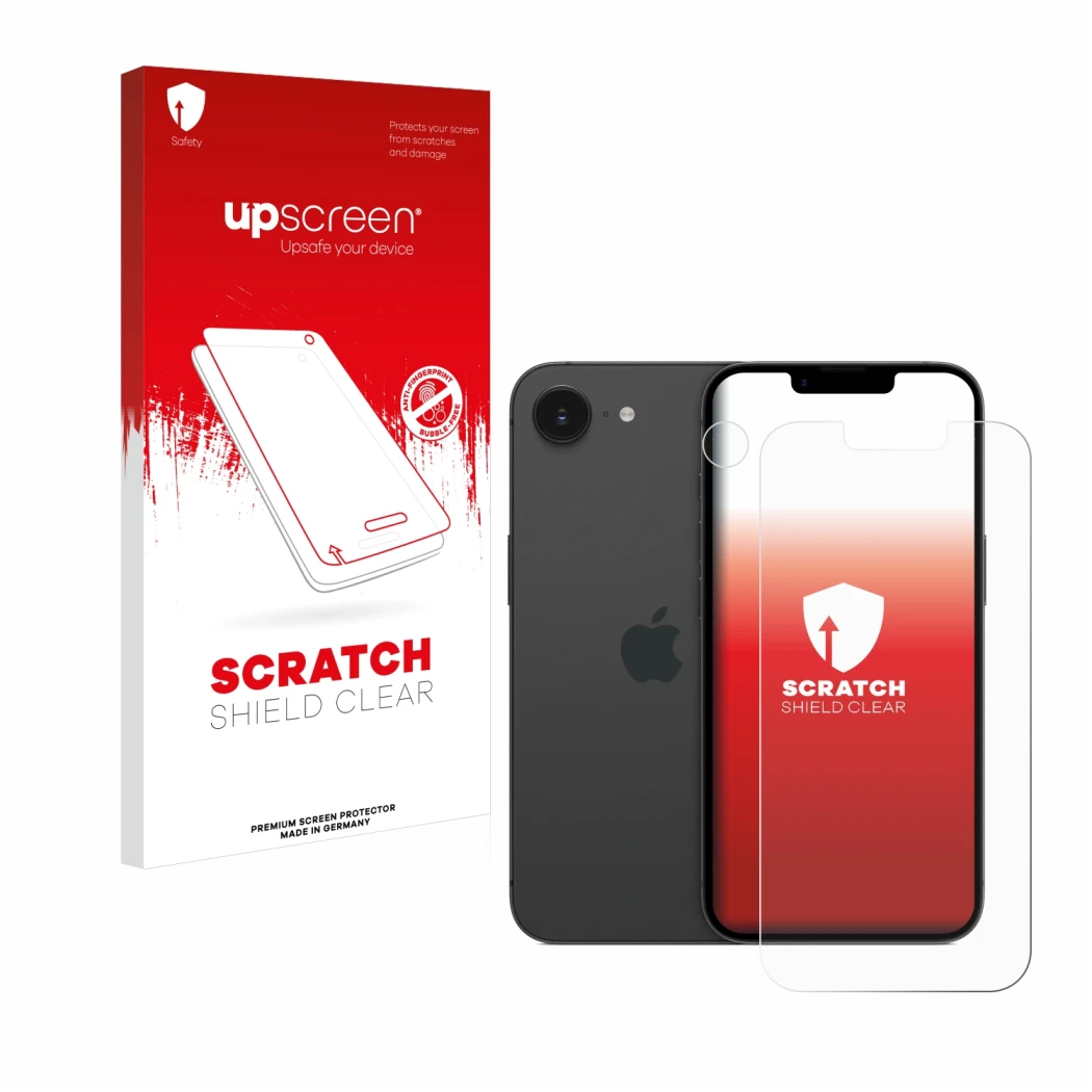 Parte frontal de un envase de producto con el logotipo de la marca upscreen. Al lado se muestra el dispositivo Apple iPhone 16