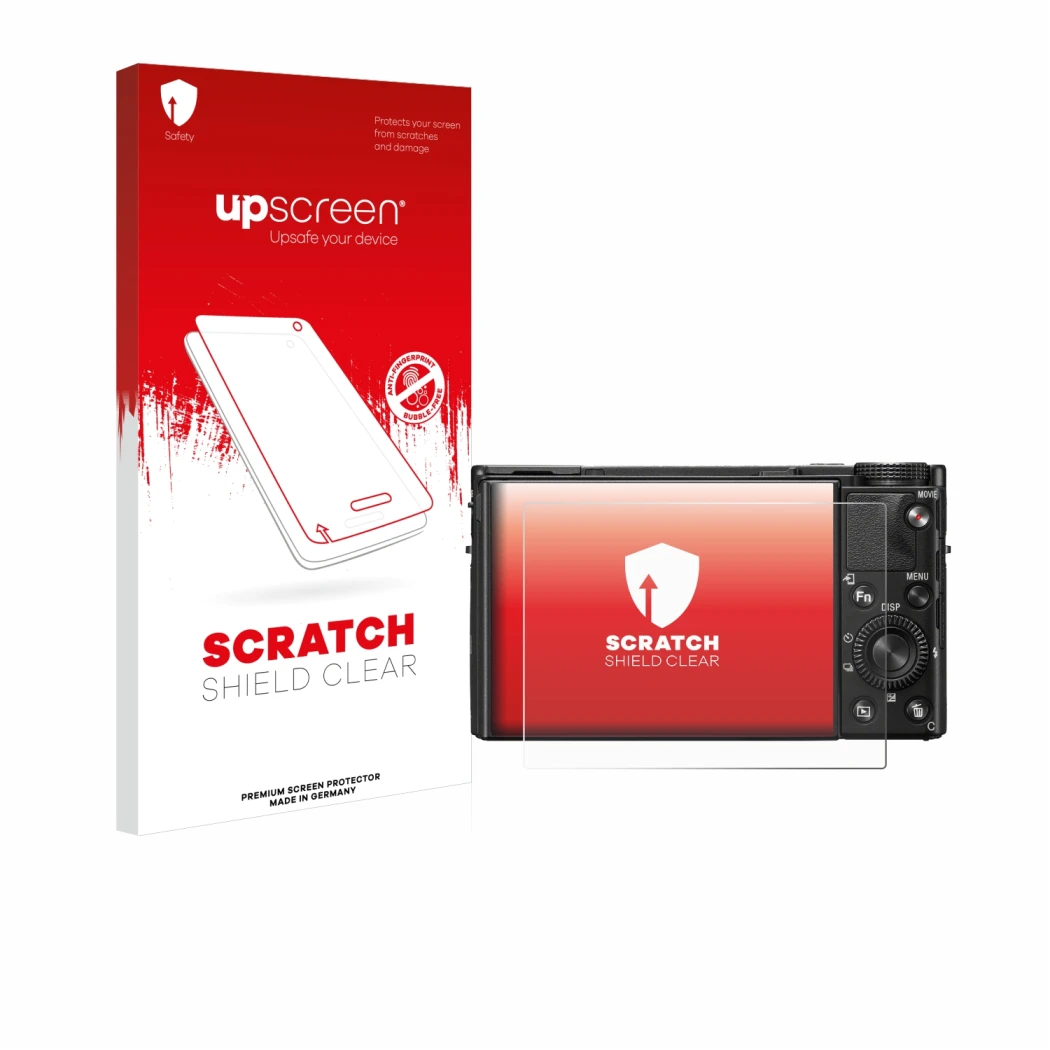 Parte frontal de un envase de producto con el logotipo de la marca upscreen. Al lado se muestra el dispositivo Sony Cyber-Shot