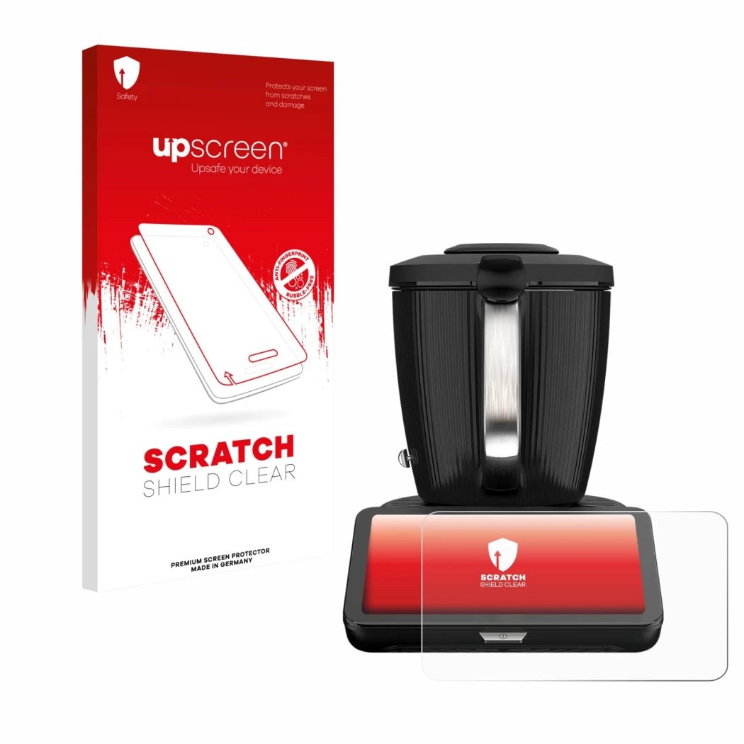 Parte frontal de un envase de producto con el logotipo de la marca upscreen. Al lado se muestra el dispositivo Vorwerk Thermom