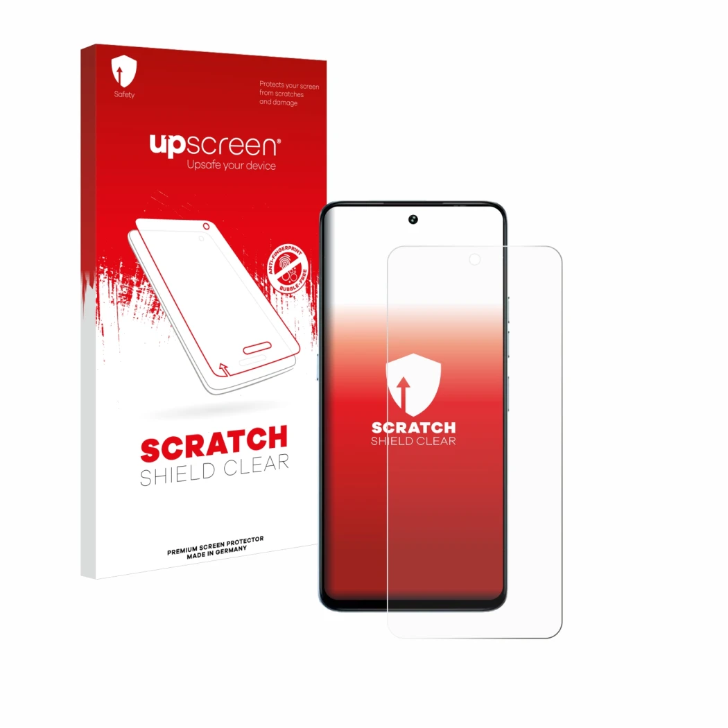 Parte frontal de un envase de producto con el logotipo de la marca upscreen. Al lado se muestra el dispositivo Umidigi Note 10