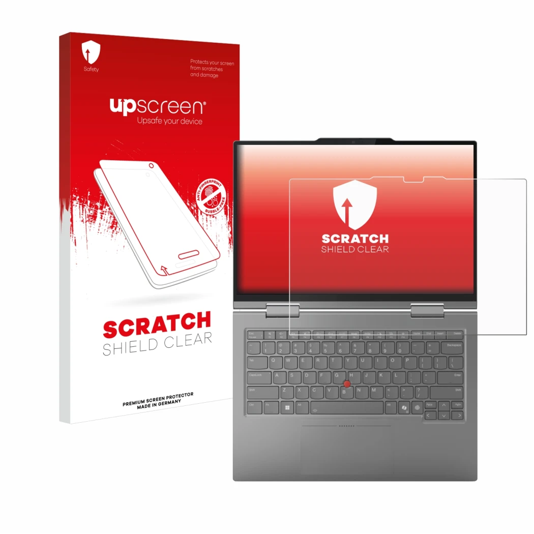 Parte frontal de un envase de producto con el logotipo de la marca upscreen. Al lado se muestra el dispositivo Lenovo ThinkPad