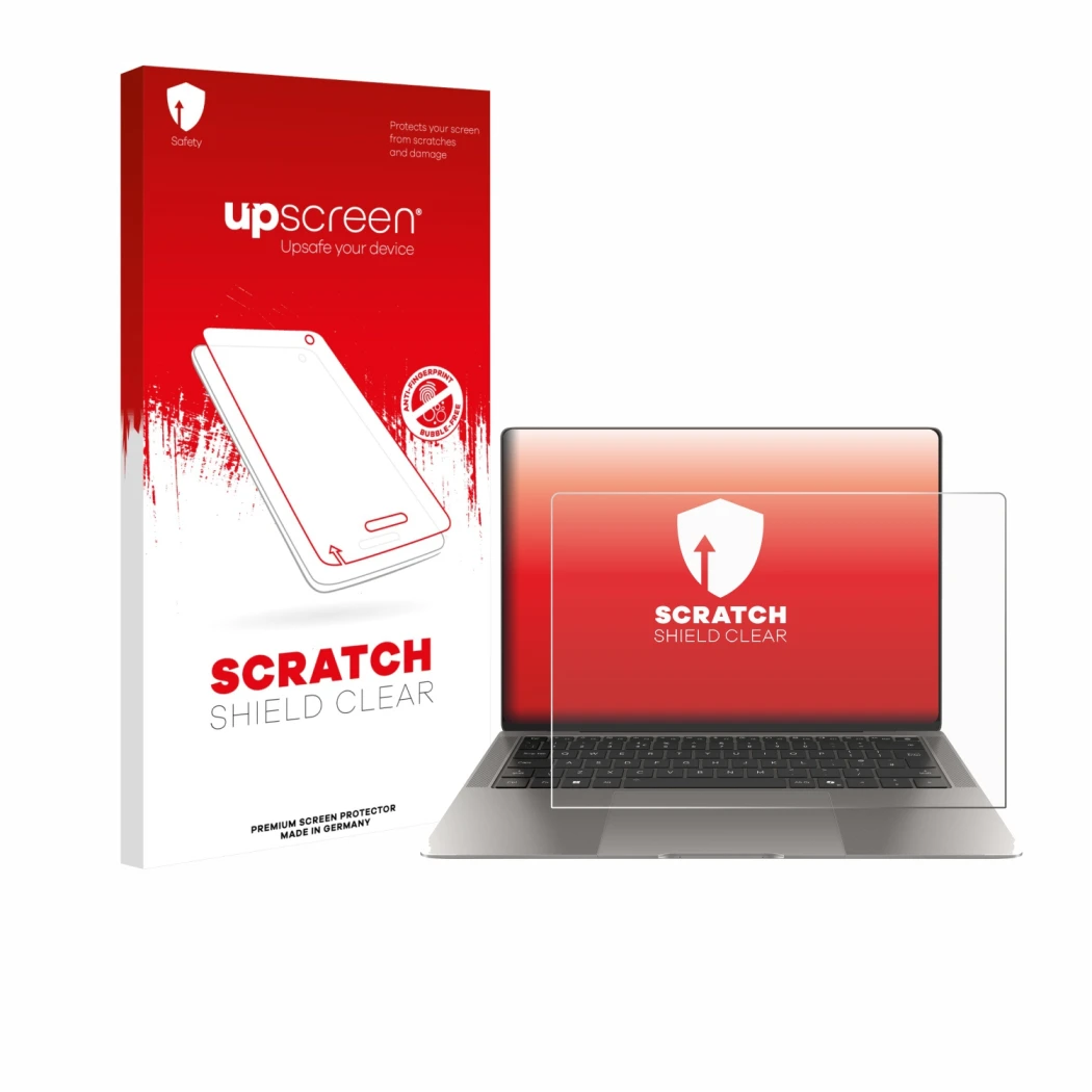 Parte frontal de un envase de producto con el logotipo de la marca upscreen. Al lado se muestra el dispositivo Honor MagicBook