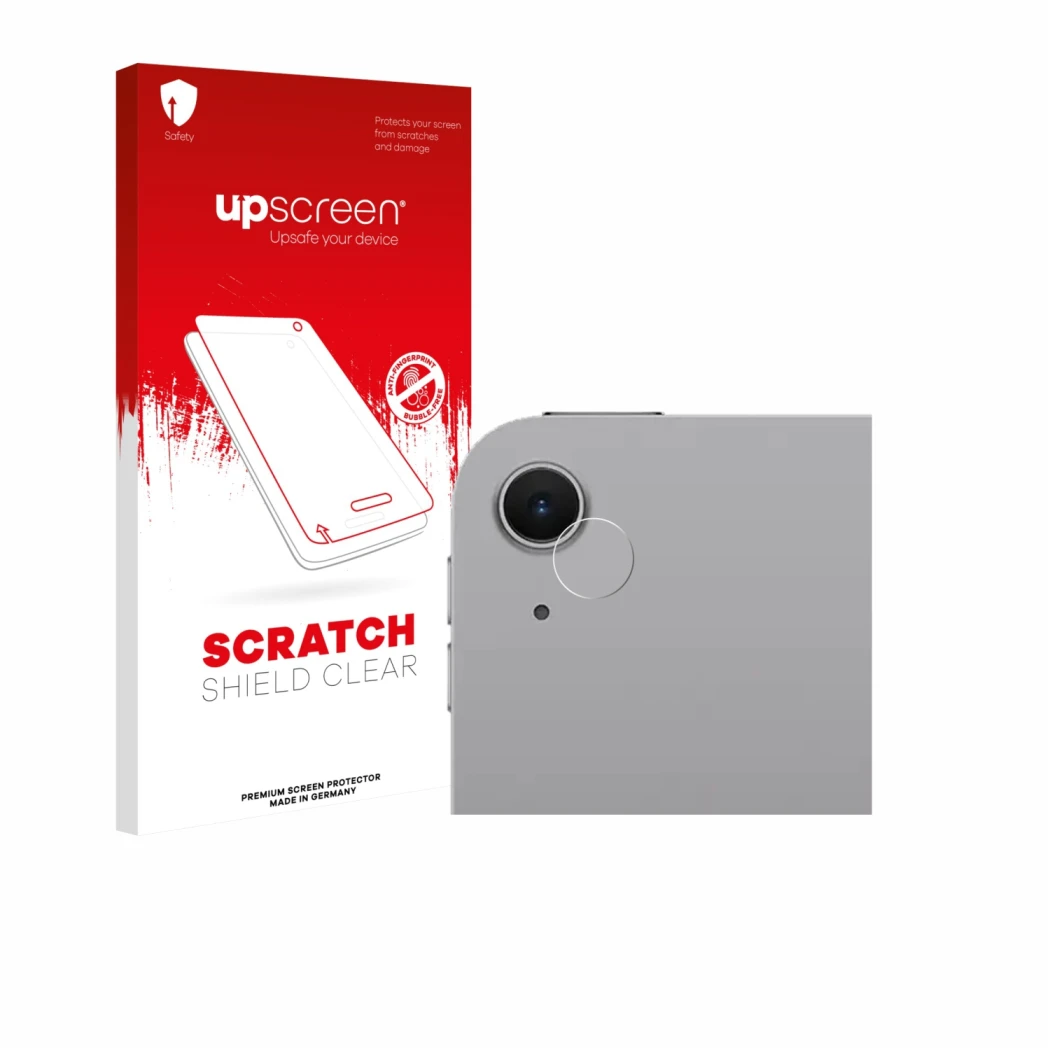 Parte frontal de un envase de producto con el logotipo de la marca upscreen. Al lado se muestra el dispositivo Apple iPad Air 