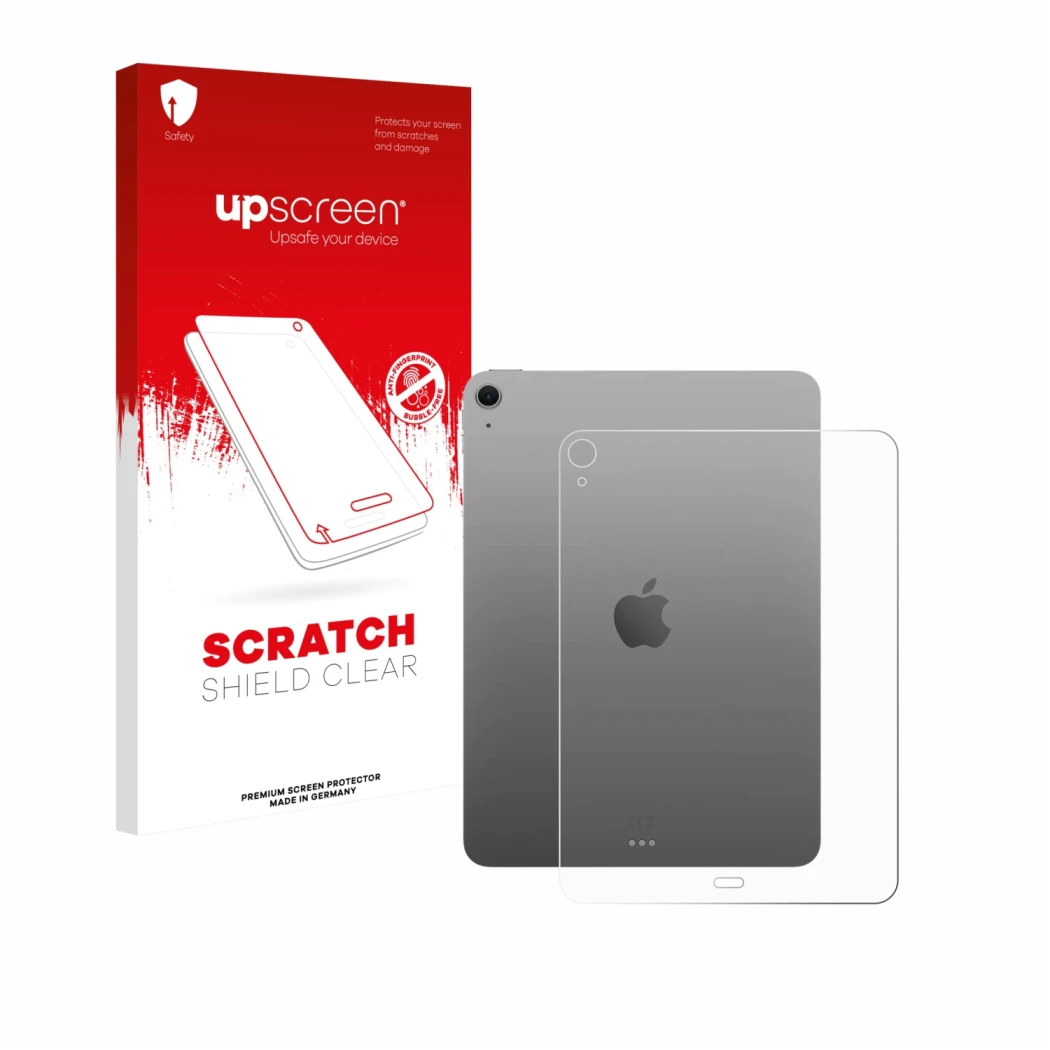 Parte frontal de un envase de producto con el logotipo de la marca upscreen. Al lado se muestra el dispositivo Apple iPad Air 