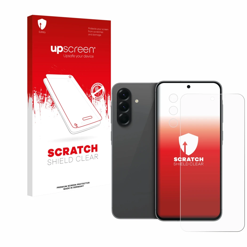 Parte frontal de un envase de producto con el logotipo de la marca upscreen. Al lado se muestra el dispositivo Samsung Galaxy 