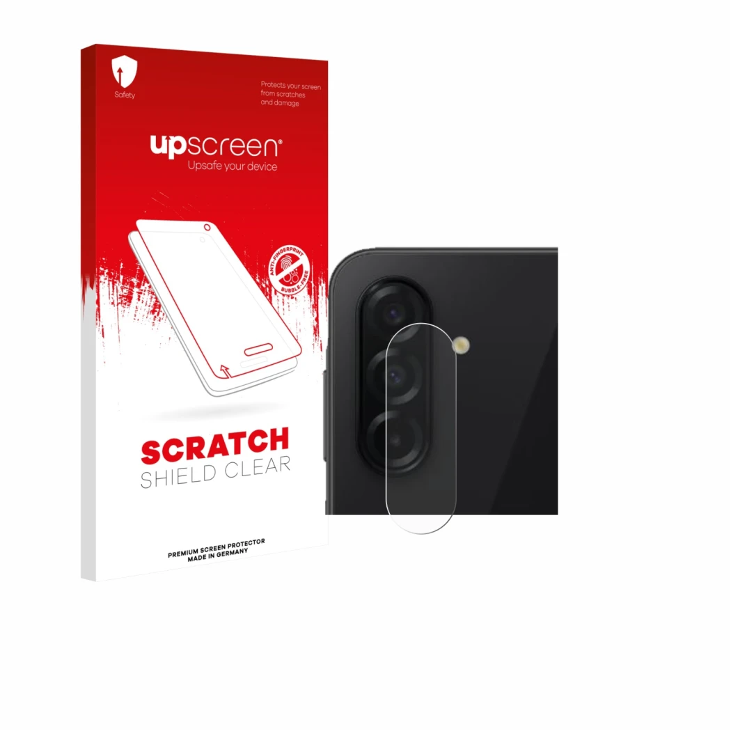 Parte frontal de un envase de producto con el logotipo de la marca upscreen. Al lado se muestra el dispositivo Samsung Galaxy 