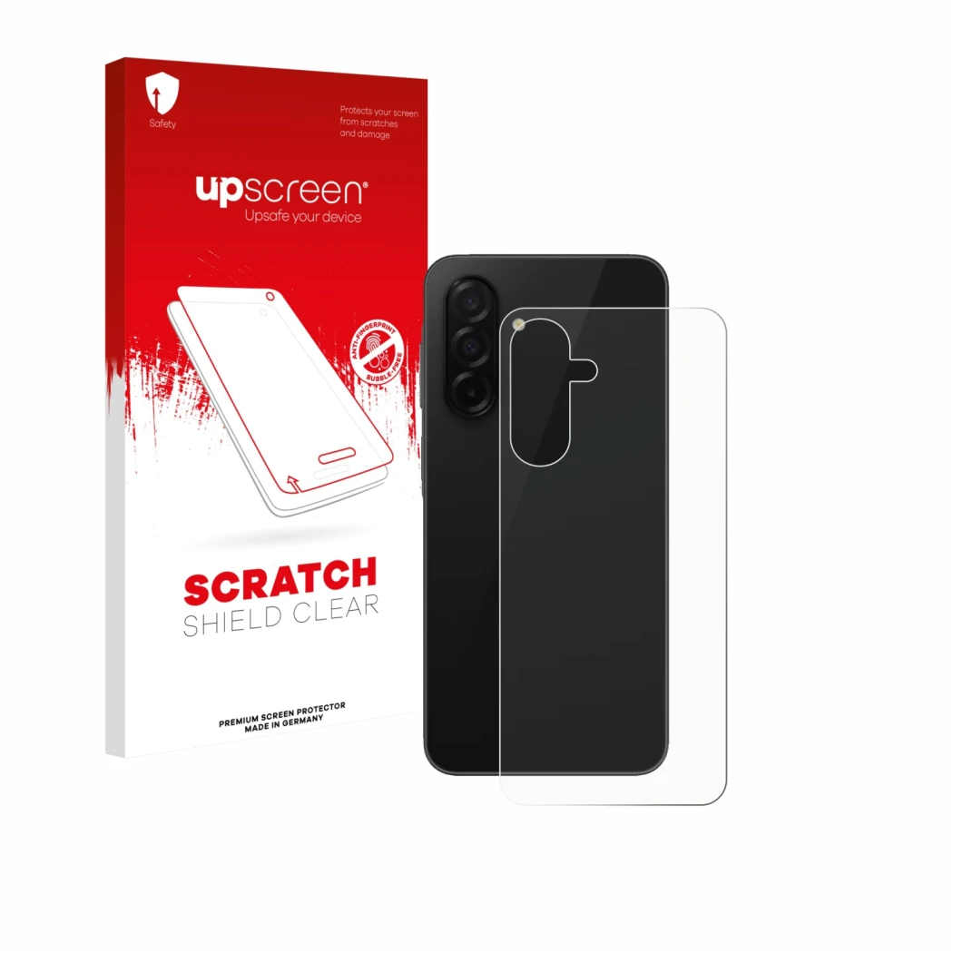 Parte frontal de un envase de producto con el logotipo de la marca upscreen. Al lado se muestra el dispositivo Samsung Galaxy 