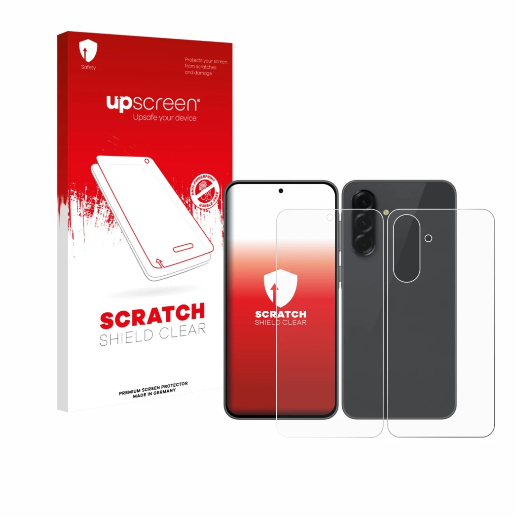Parte frontal de un envase de producto con el logotipo de la marca upscreen. Al lado se muestra el dispositivo Samsung Galaxy