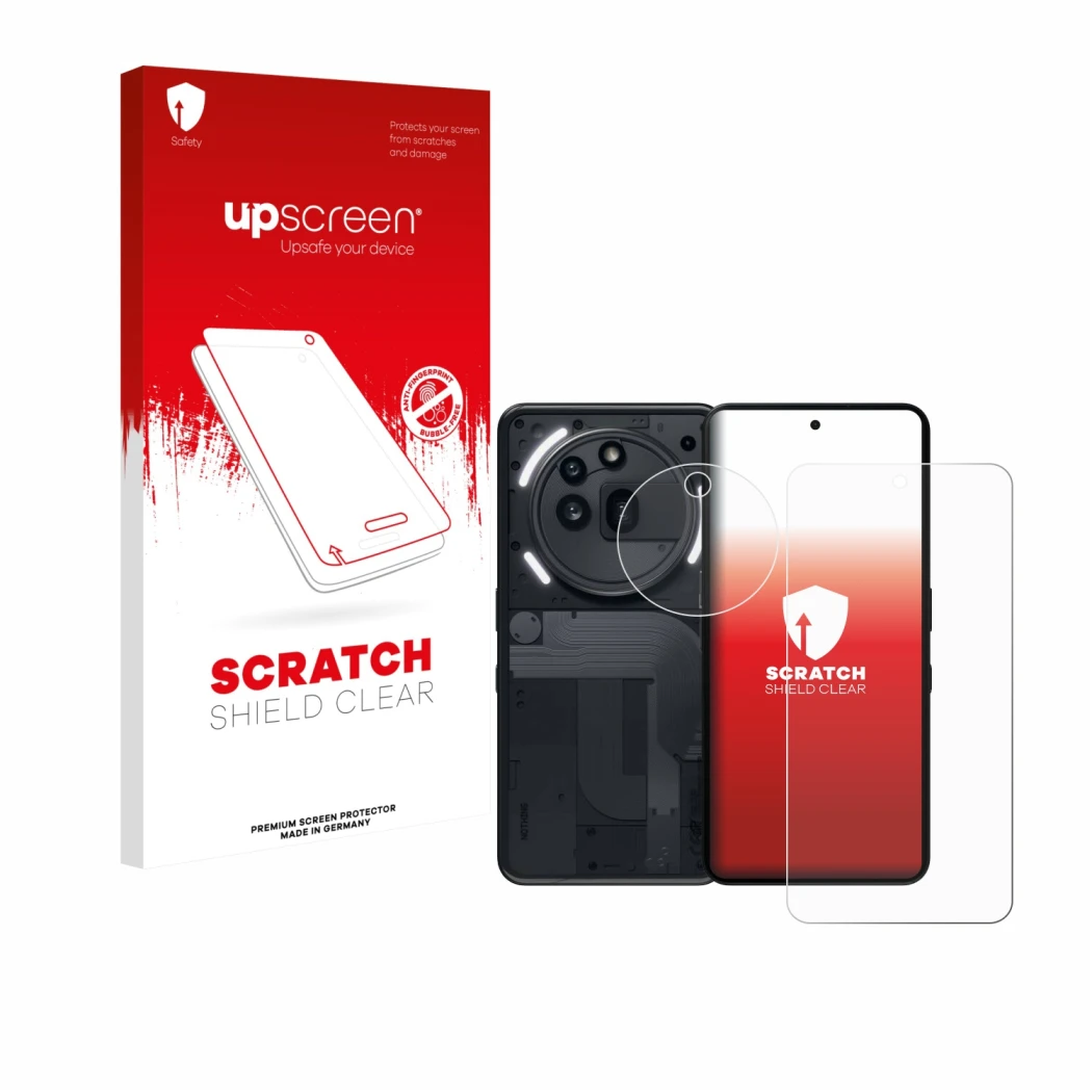 Parte frontal de un envase de producto con el logotipo de la marca upscreen. Al lado se muestra el dispositivo Nothing Phone (
