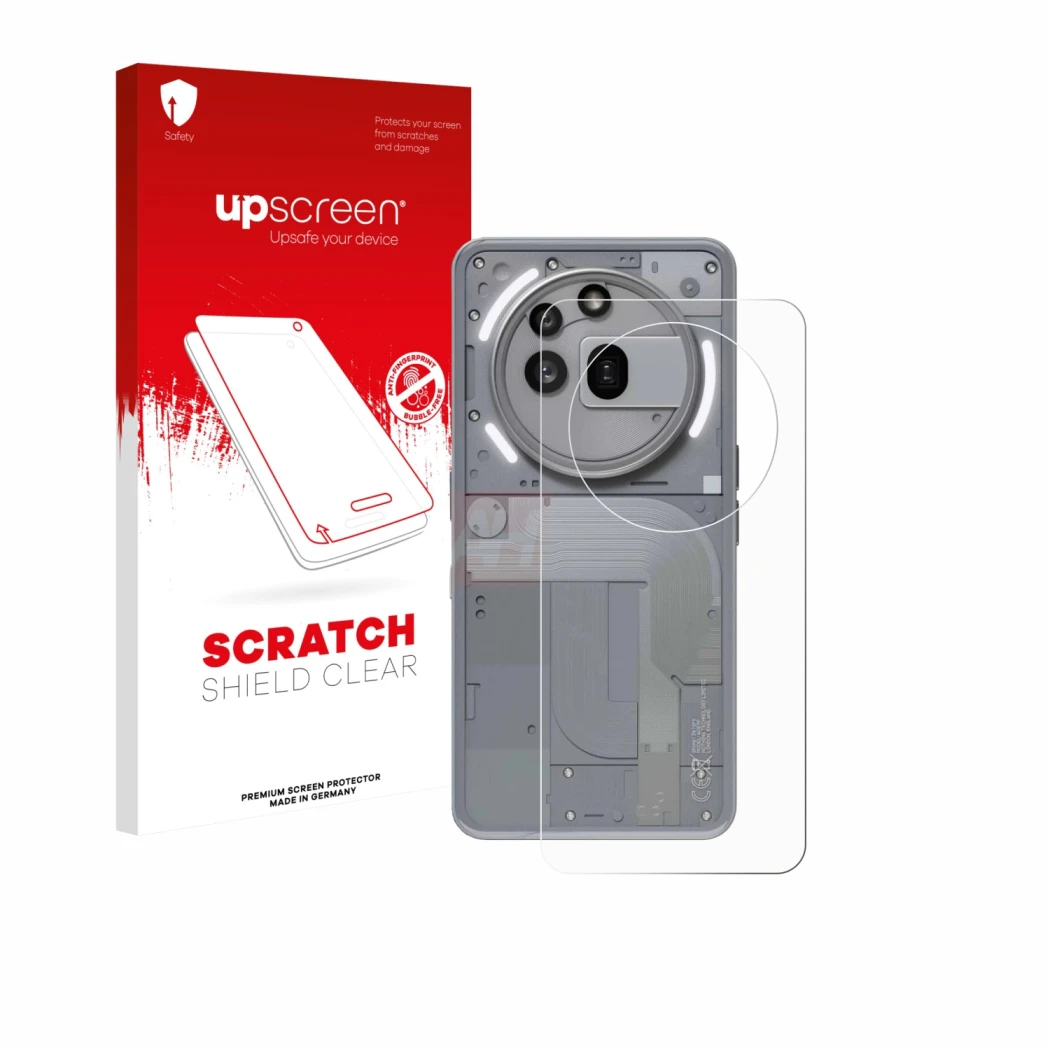 Parte frontal de un envase de producto con el logotipo de la marca upscreen. Al lado se muestra el dispositivo Nothing Phone (