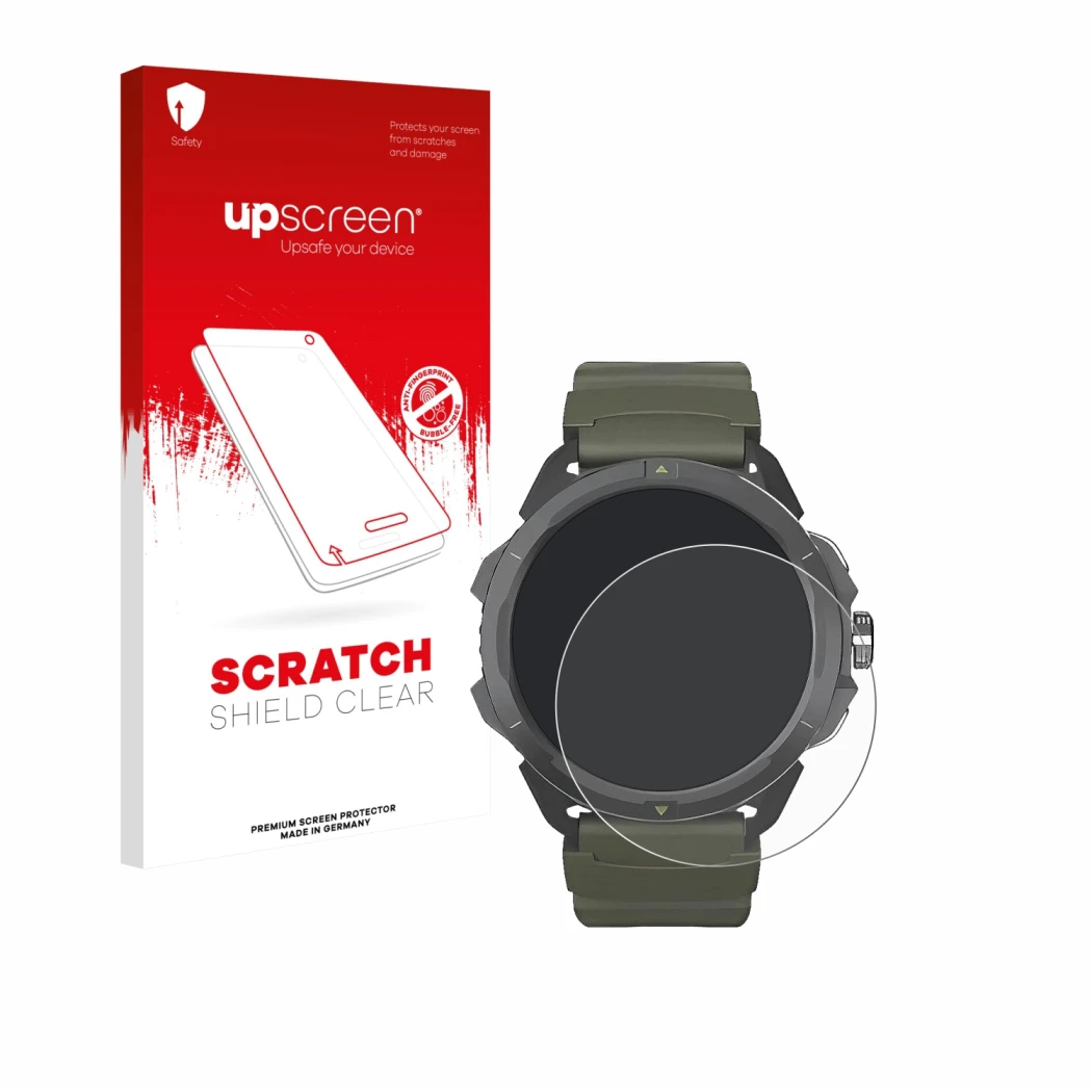 Parte frontal de un envase de producto con el logotipo de la marca upscreen. Al lado se muestra el dispositivo Hammer Watch 2