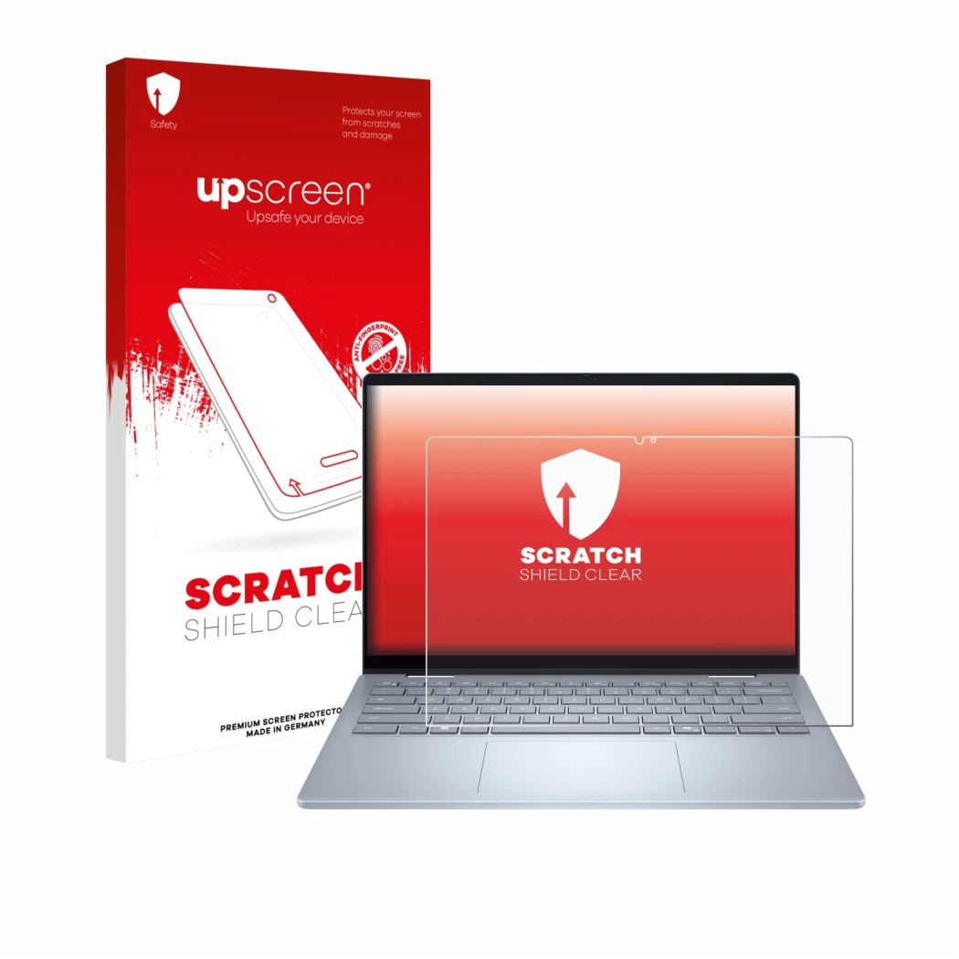 Parte frontal de un envase de producto con el logotipo de la marca upscreen. Al lado se muestra el dispositivo Dell 14 Plus 2-
