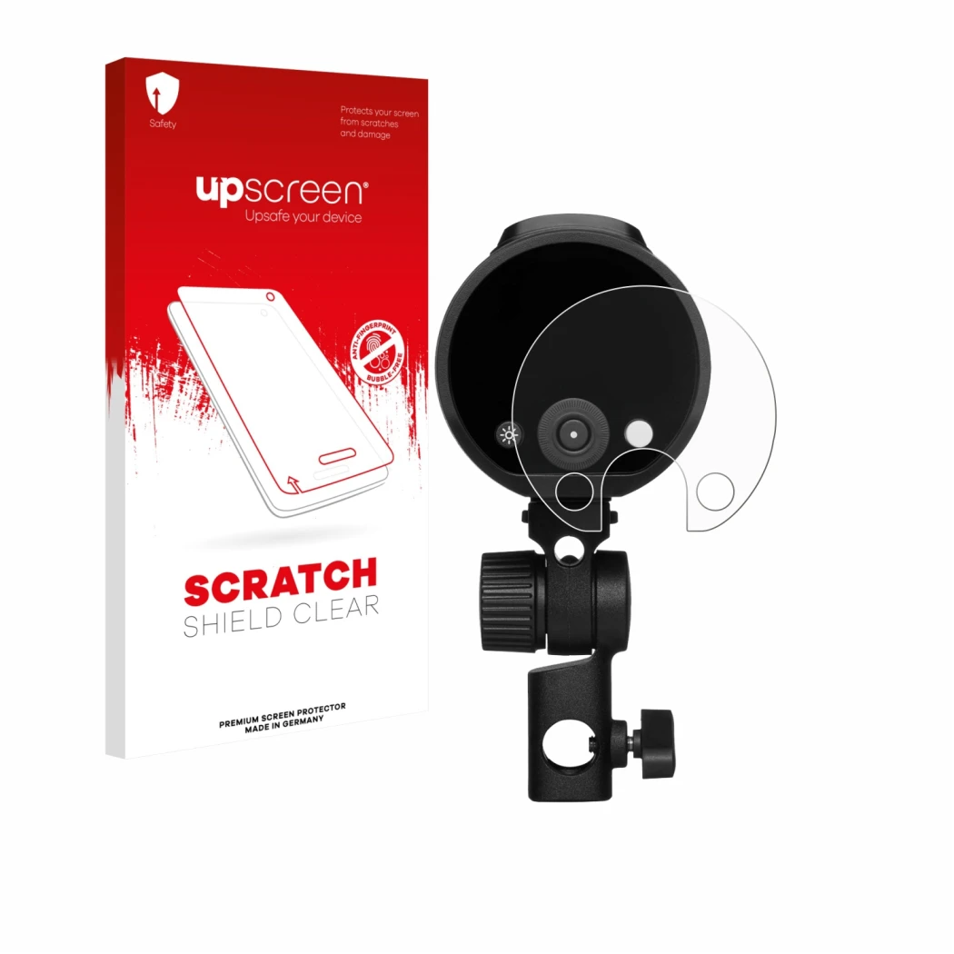 Parte frontal de un envase de producto con el logotipo de la marca upscreen. Al lado se muestra el dispositivo Profoto A2 con