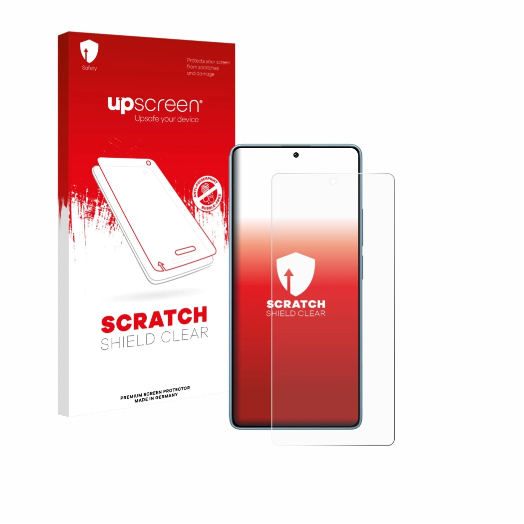 Parte frontal de un envase de producto con el logotipo de la marca upscreen. Al lado se muestra el dispositivo Xiaomi Redmi No