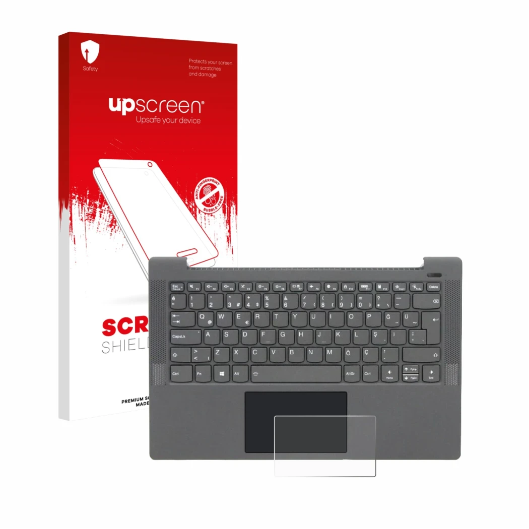 Parte frontal de un envase de producto con el logotipo de la marca upscreen. Al lado se muestra el dispositivo Lenovo IdeaPad 