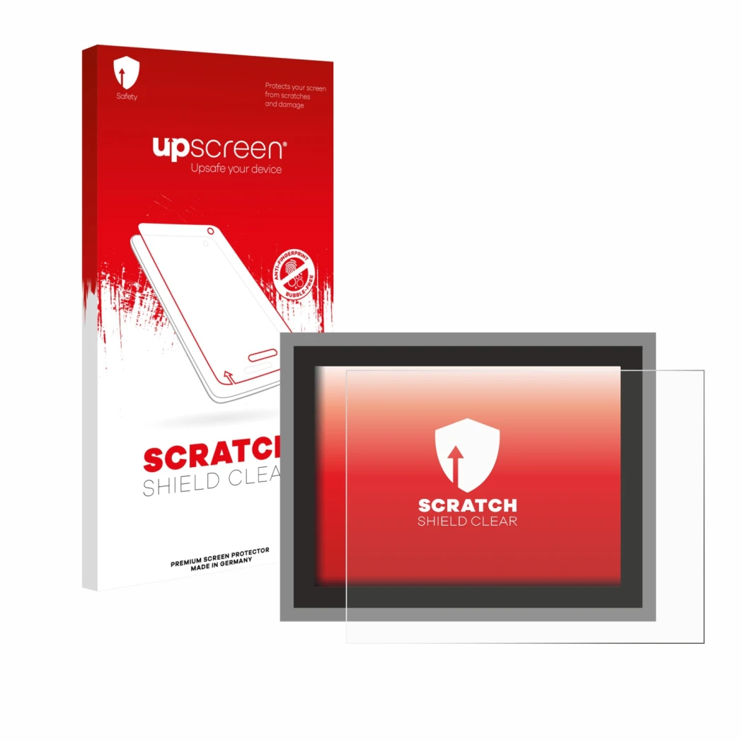 Parte frontal de un envase de producto con el logotipo de la marca upscreen. Al lado se muestra el dispositivo Megger MFT-X1 c
