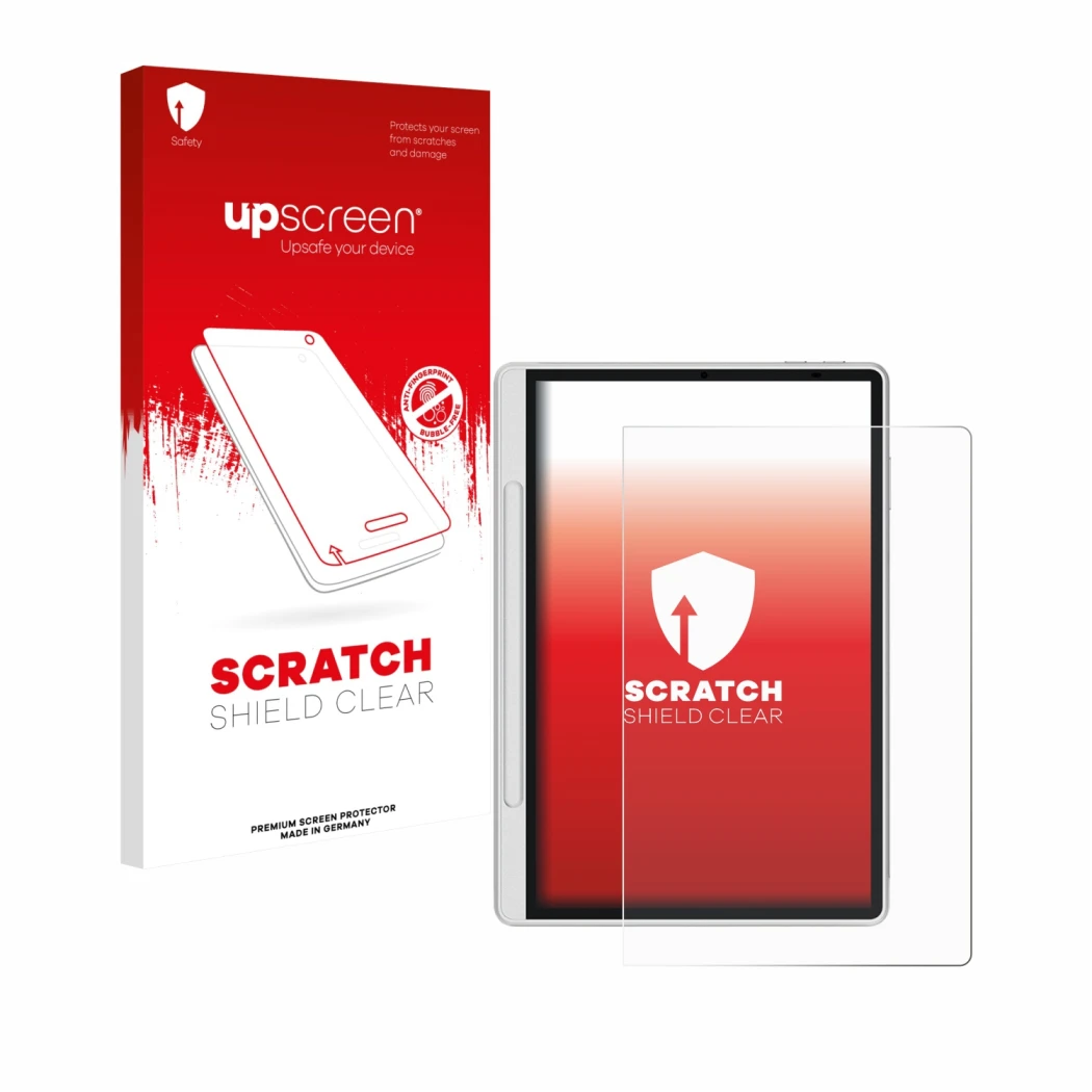 Parte frontal de un envase de producto con el logotipo de la marca upscreen. Al lado se muestra el dispositivo XP-Pen Magic No
