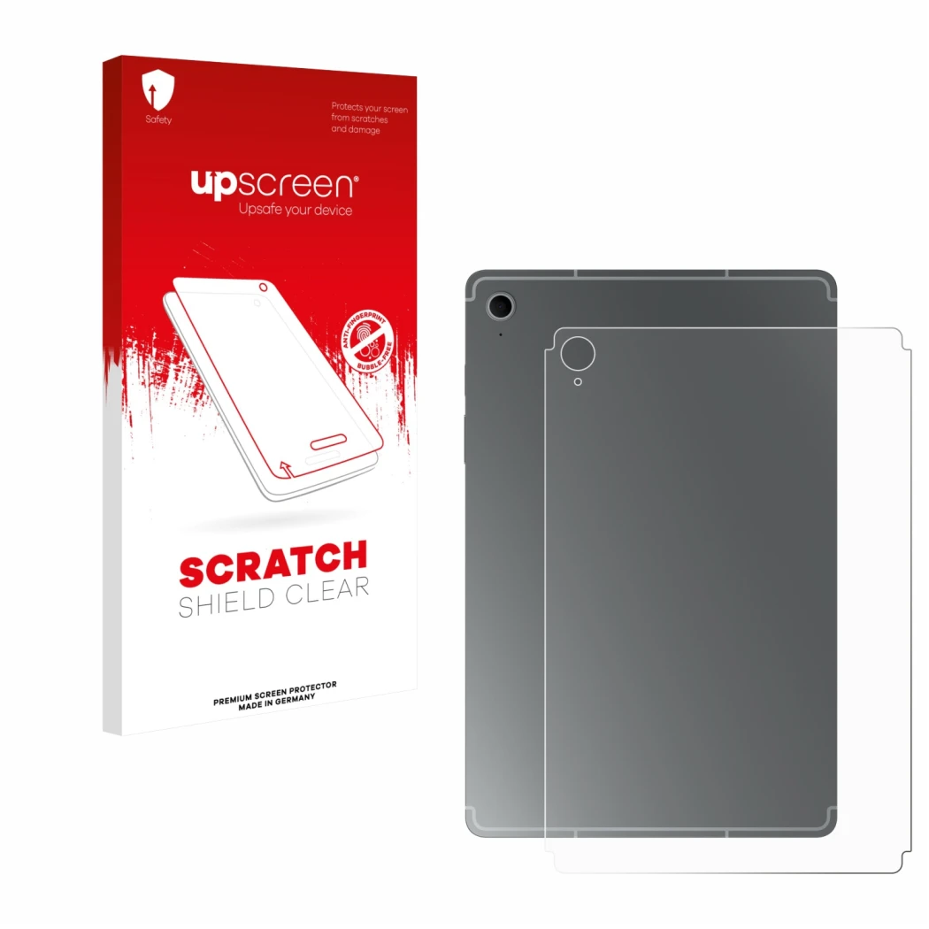 Parte frontal de un envase de producto con el logotipo de la marca upscreen. Al lado se muestra el dispositivo Samsung Galaxy