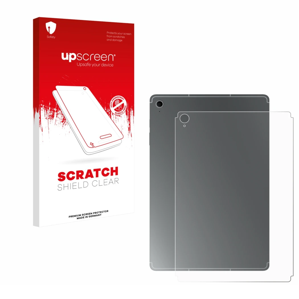Parte frontal de un envase de producto con el logotipo de la marca upscreen. Al lado se muestra el dispositivo Samsung Galaxy