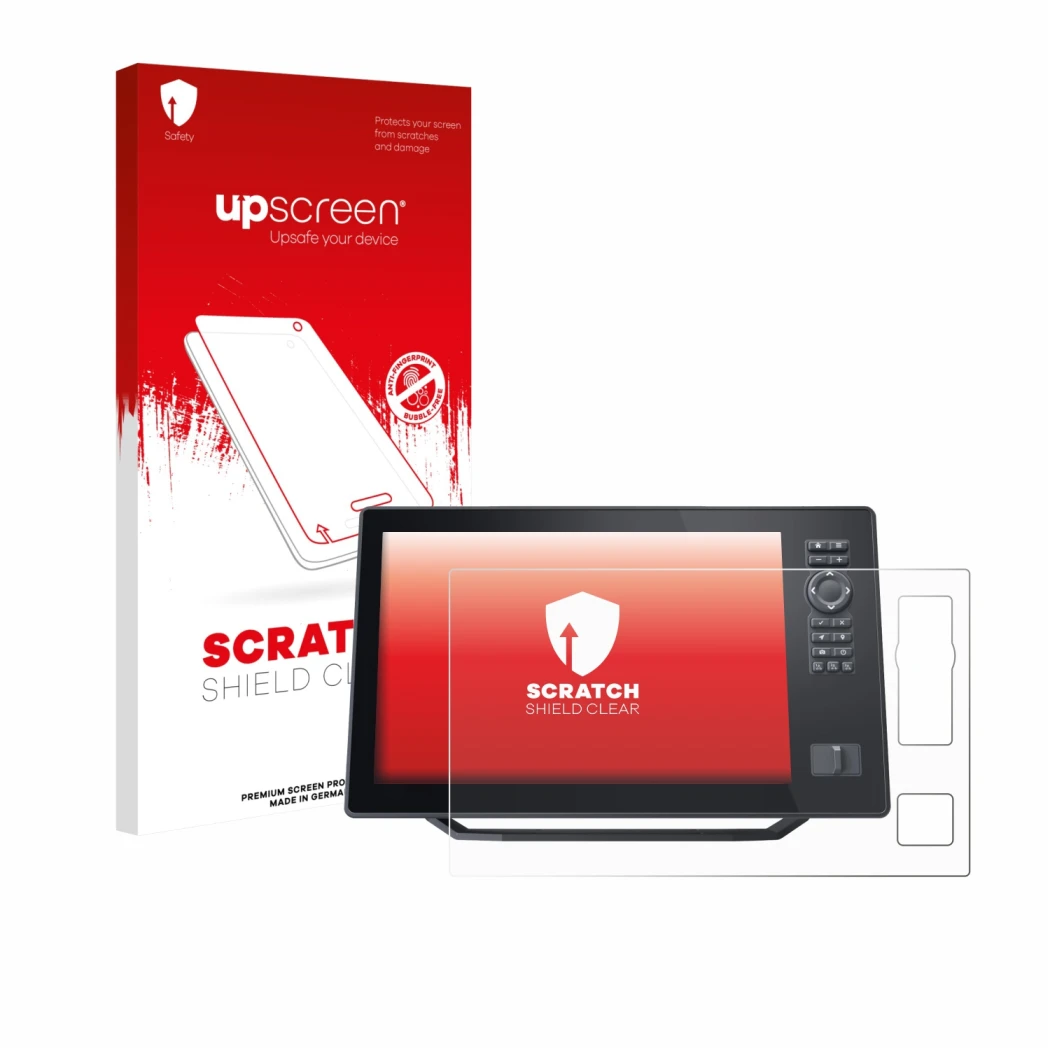 Parte frontal de un envase de producto con el logotipo de la marca upscreen. Al lado se muestra el dispositivo Humminbird Xplo